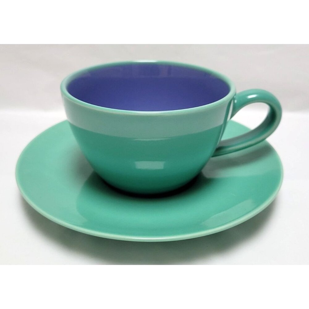 Vintage Mid 1980s Lindt Stymeist Green & Purple Ceramic Cup and 6" Saucer Set